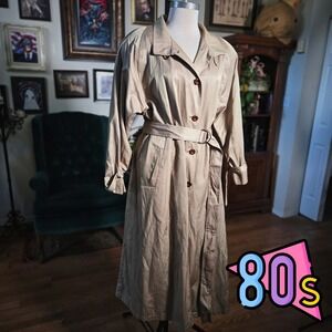 Vintage 80s Etienne Aigner Trench Coat Long Belted Khaki Womens Long Jacket